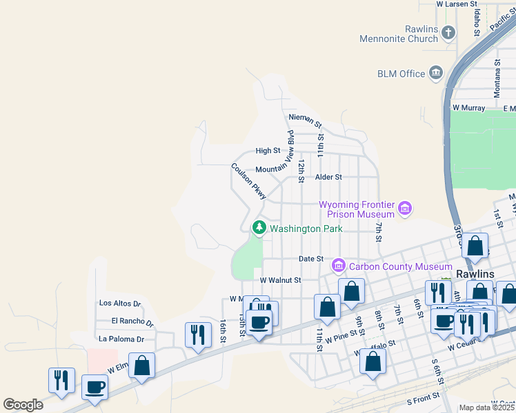 map of restaurants, bars, coffee shops, grocery stores, and more near 1307 Coulson Parkway in Rawlins