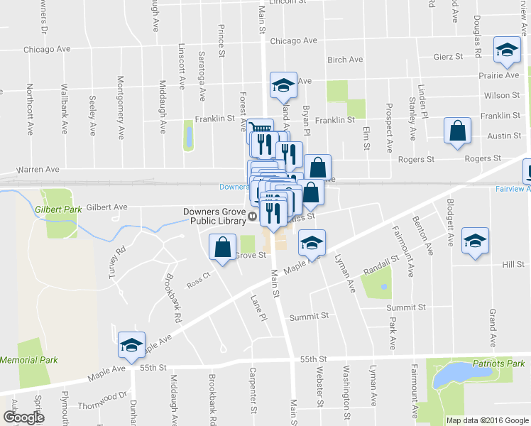 map of restaurants, bars, coffee shops, grocery stores, and more near 5124 Main St in Downers Grove