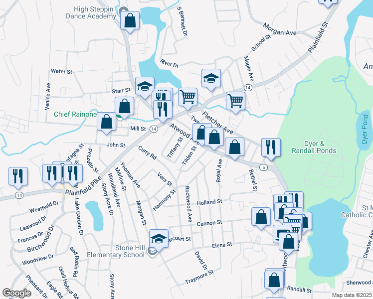 map of restaurants, bars, coffee shops, grocery stores, and more near 12 Tacoma Street in Cranston