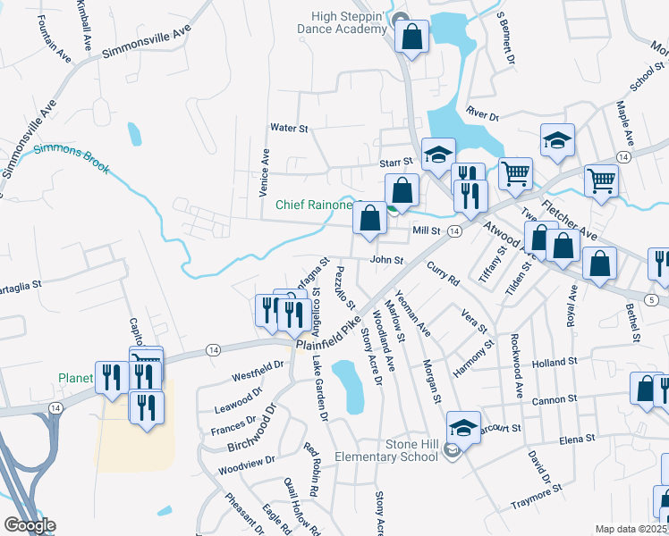 map of restaurants, bars, coffee shops, grocery stores, and more near 1 Zanfagna Street in Johnston