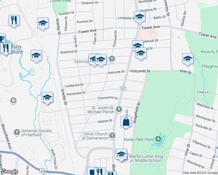 map of restaurants, bars, coffee shops, grocery stores, and more near 111 Colebrook Street in Hartford
