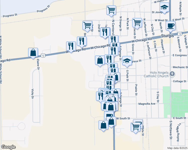 map of restaurants, bars, coffee shops, grocery stores, and more near 69080 Michigan 66 in Sturgis