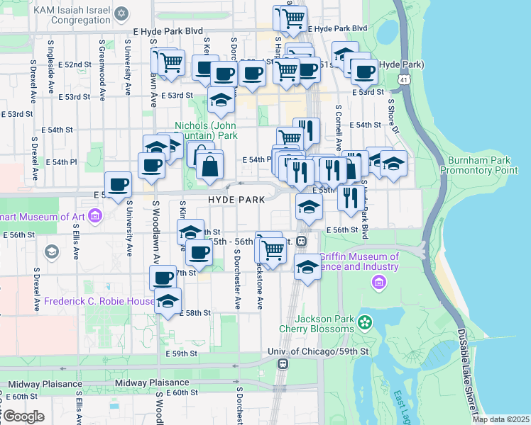 map of restaurants, bars, coffee shops, grocery stores, and more near 1454 East Park Place in Chicago