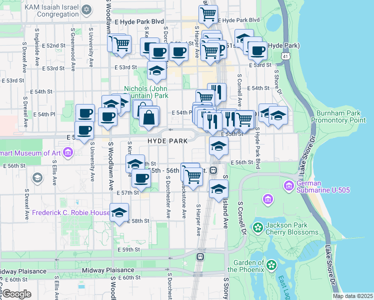 map of restaurants, bars, coffee shops, grocery stores, and more near 1454 East Park Place in Chicago