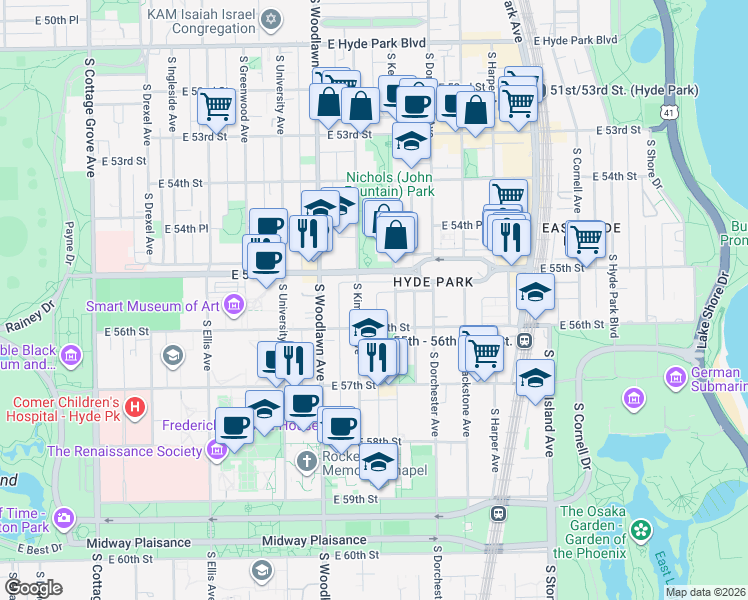 map of restaurants, bars, coffee shops, grocery stores, and more near 5506 South Kenwood Avenue in Chicago