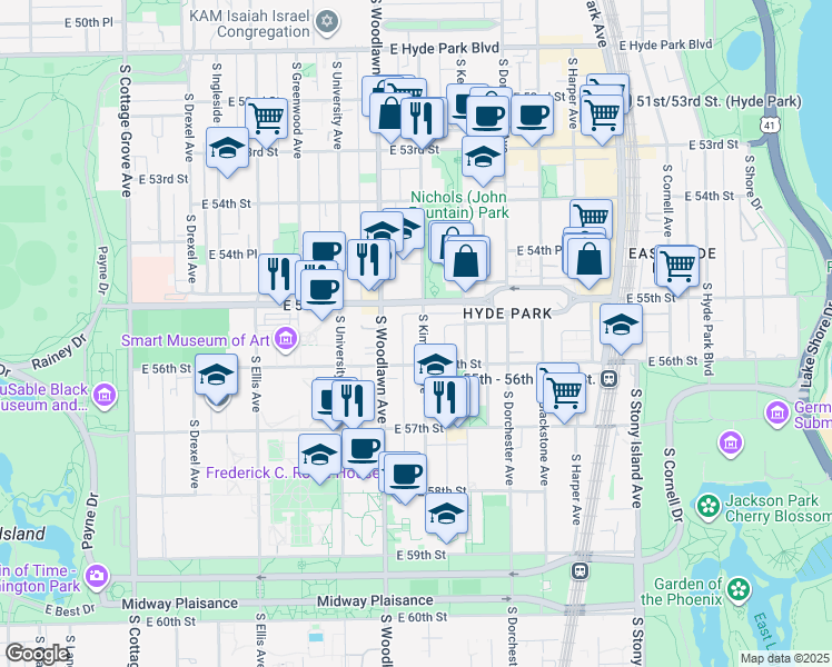 map of restaurants, bars, coffee shops, grocery stores, and more near 5522 South Kimbark Avenue in Chicago