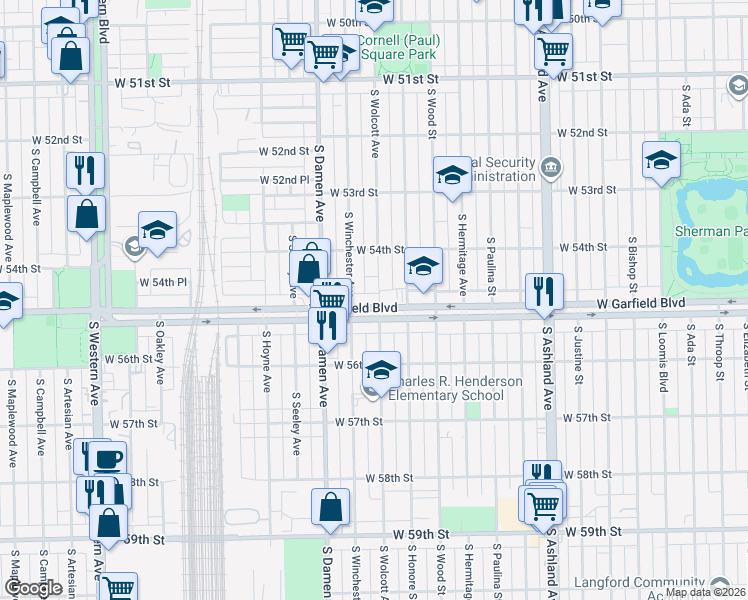 map of restaurants, bars, coffee shops, grocery stores, and more near 5444 South Wolcott Avenue in Chicago