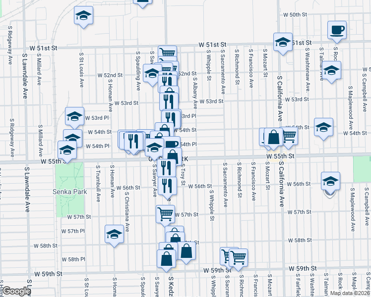 map of restaurants, bars, coffee shops, grocery stores, and more near 3116 West 54th Place in Chicago