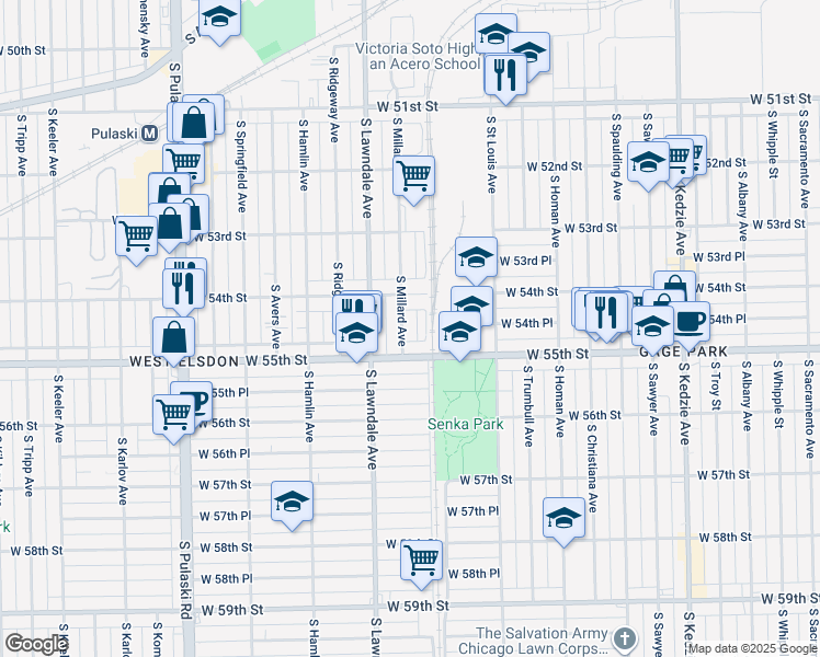 map of restaurants, bars, coffee shops, grocery stores, and more near 5421 South Millard Avenue in Chicago