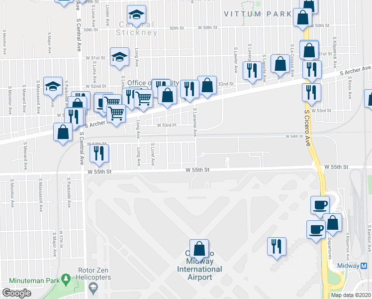 map of restaurants, bars, coffee shops, grocery stores, and more near 5402 South Laramie Avenue in Chicago