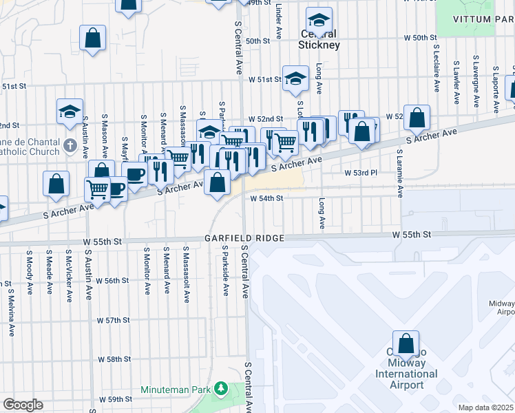 map of restaurants, bars, coffee shops, grocery stores, and more near 5401 South Central Avenue in Chicago