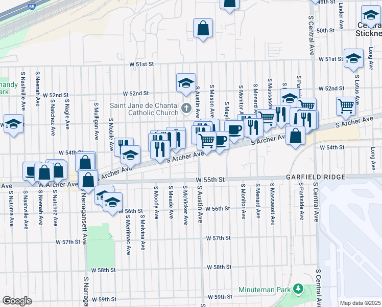 map of restaurants, bars, coffee shops, grocery stores, and more near 6150 South Archer Avenue in Chicago