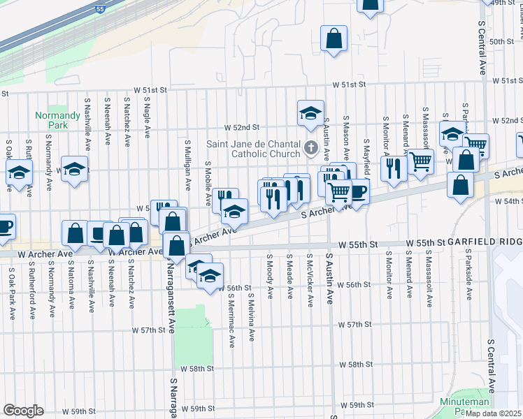 map of restaurants, bars, coffee shops, grocery stores, and more near 5357 South Moody Avenue in Chicago