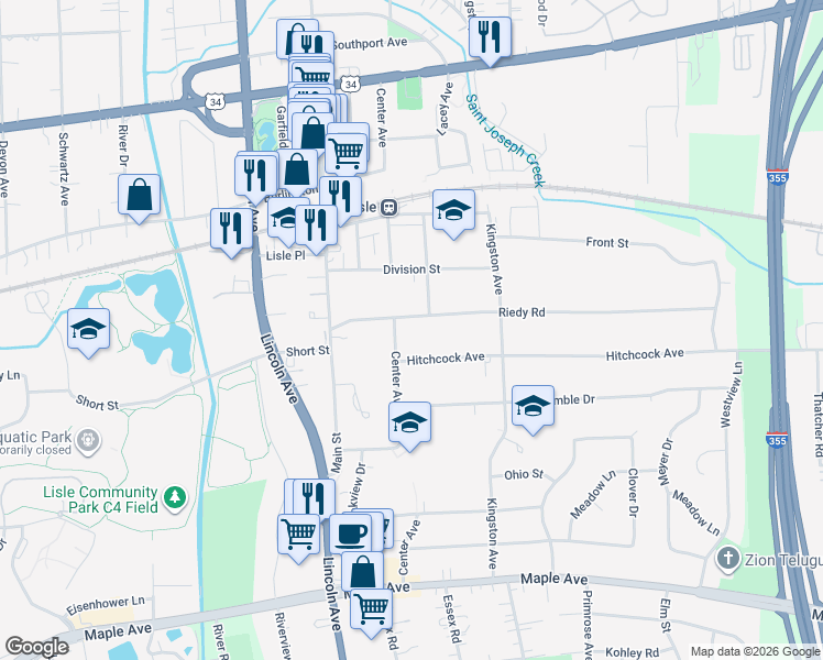 map of restaurants, bars, coffee shops, grocery stores, and more near 933 Riedy Road in Lisle