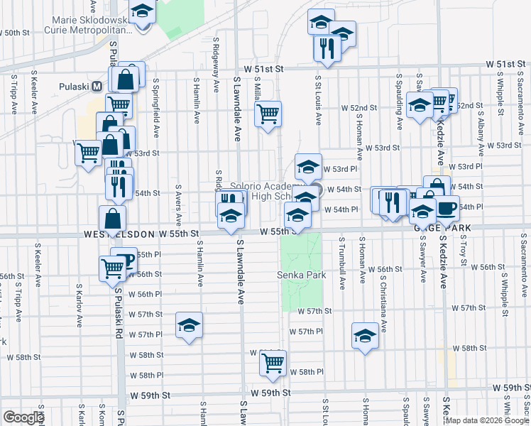 map of restaurants, bars, coffee shops, grocery stores, and more near 5421 South Millard Avenue in Chicago