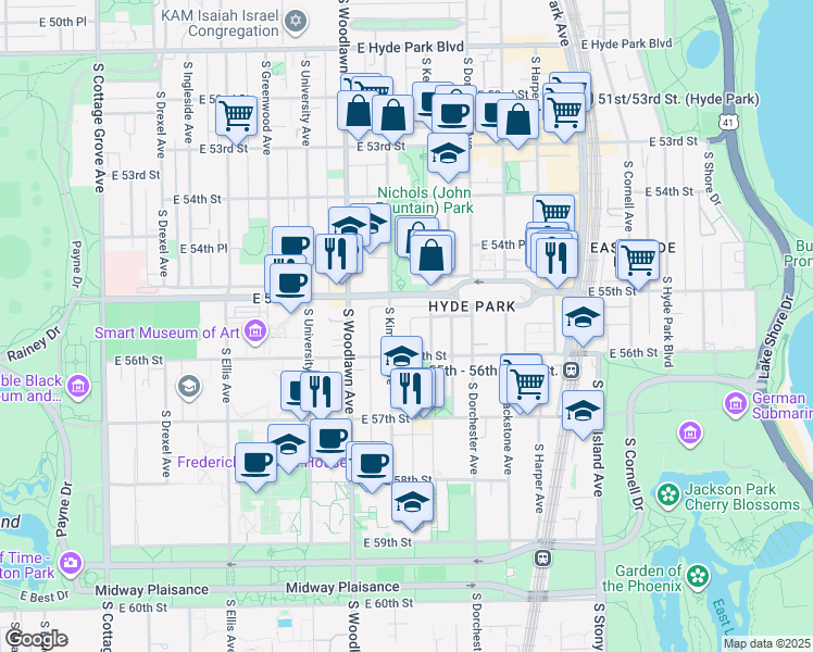 map of restaurants, bars, coffee shops, grocery stores, and more near 5535 South Kimbark Avenue in Chicago