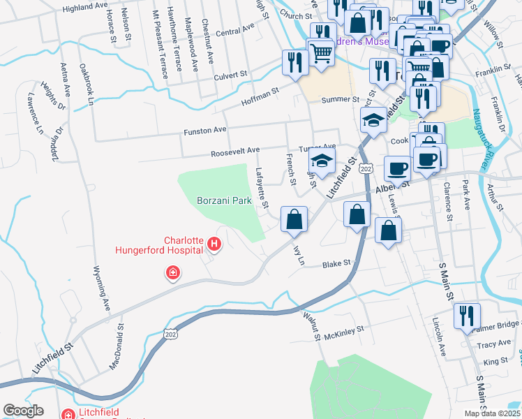 map of restaurants, bars, coffee shops, grocery stores, and more near 180 Lafayette Street in Torrington