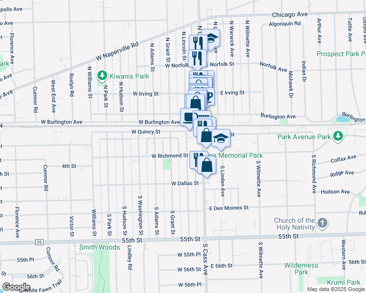 map of restaurants, bars, coffee shops, grocery stores, and more near 20 North Cass Avenue in Westmont