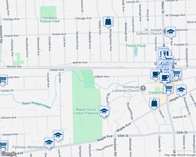 map of restaurants, bars, coffee shops, grocery stores, and more near 1509 Gilbert Avenue in Downers Grove