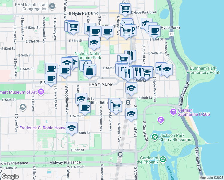 map of restaurants, bars, coffee shops, grocery stores, and more near 1454 East Park Place in Chicago