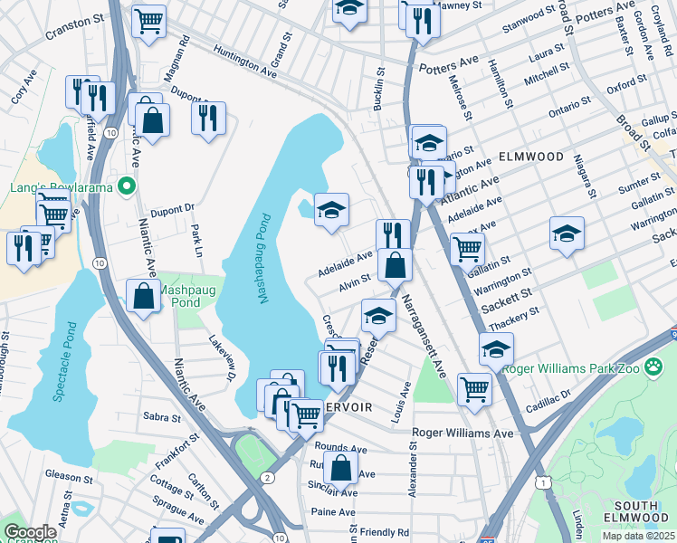 map of restaurants, bars, coffee shops, grocery stores, and more near 388 Adelaide Avenue in Providence