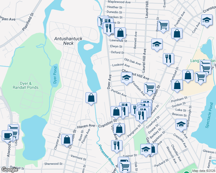 map of restaurants, bars, coffee shops, grocery stores, and more near 665 Dyer Avenue in Cranston