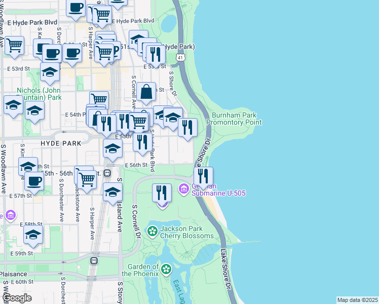 map of restaurants, bars, coffee shops, grocery stores, and more near 7511 South Shore Drive in Chicago