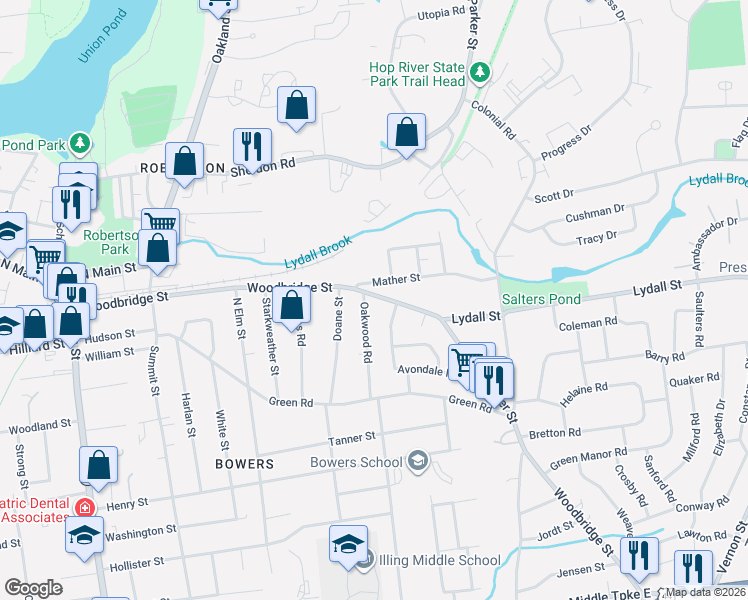 map of restaurants, bars, coffee shops, grocery stores, and more near 268 Woodbridge Street in Manchester