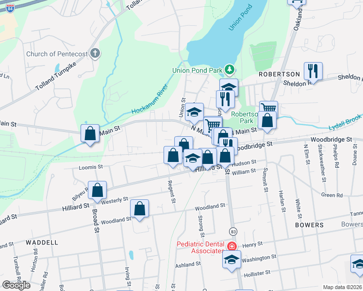 map of restaurants, bars, coffee shops, grocery stores, and more near 400 North Main Street in Manchester