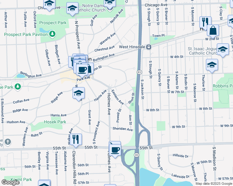 map of restaurants, bars, coffee shops, grocery stores, and more near 61 Harris Avenue in Clarendon Hills