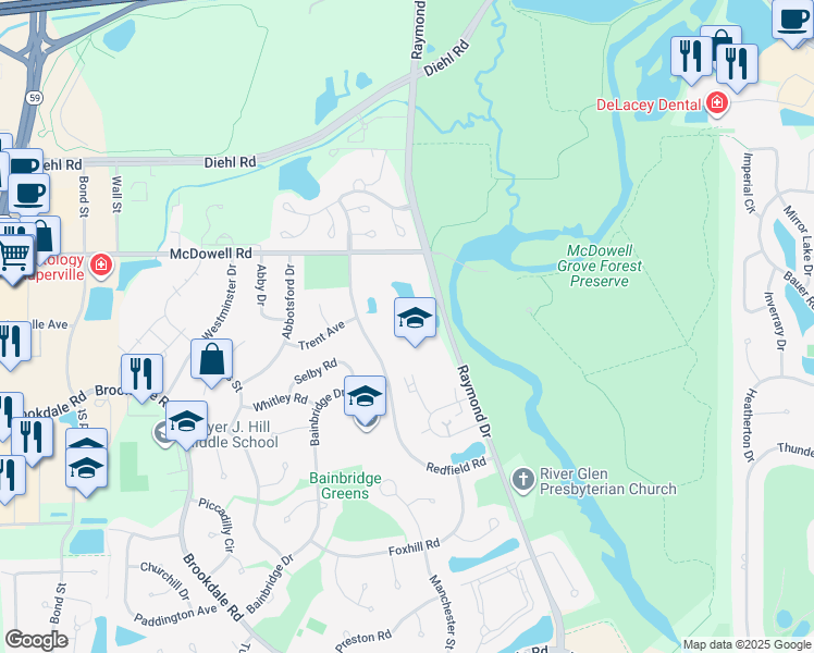 map of restaurants, bars, coffee shops, grocery stores, and more near 1539 Raymond Drive in Naperville