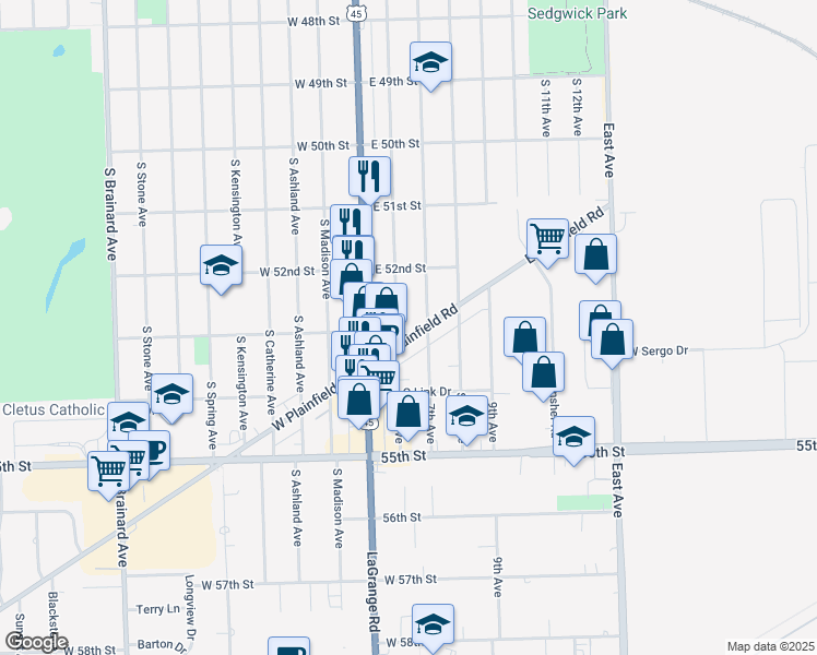 map of restaurants, bars, coffee shops, grocery stores, and more near 51 East Plainfield Road in Countryside