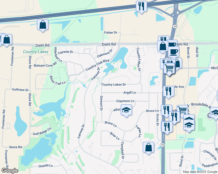 map of restaurants, bars, coffee shops, grocery stores, and more near 30W331 Country Lakes Drive in Naperville
