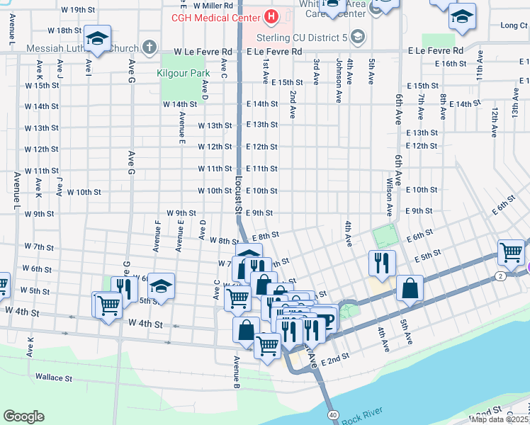 map of restaurants, bars, coffee shops, grocery stores, and more near 904 1st Avenue in Sterling