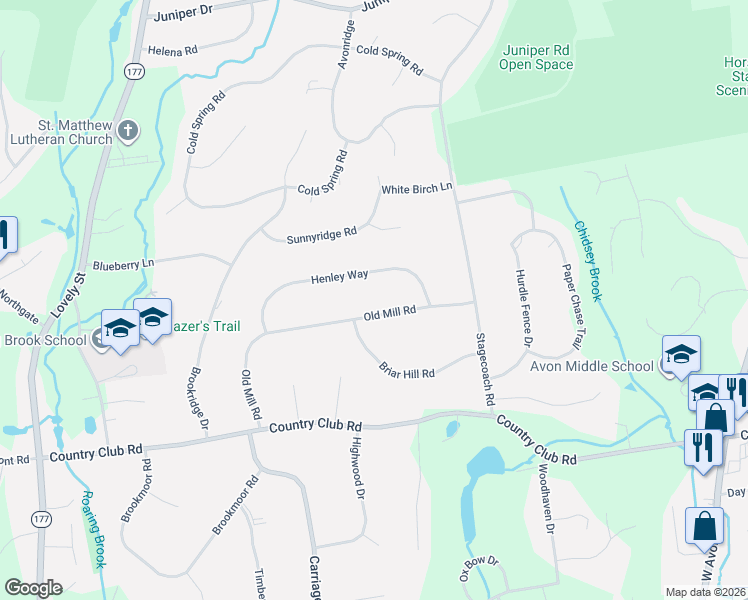 map of restaurants, bars, coffee shops, grocery stores, and more near 101 Old Mill Road in Avon