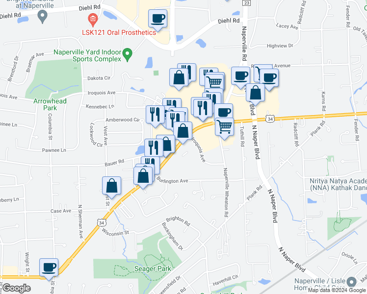 map of restaurants, bars, coffee shops, grocery stores, and more near 1220 Iroquois Avenue in Naperville