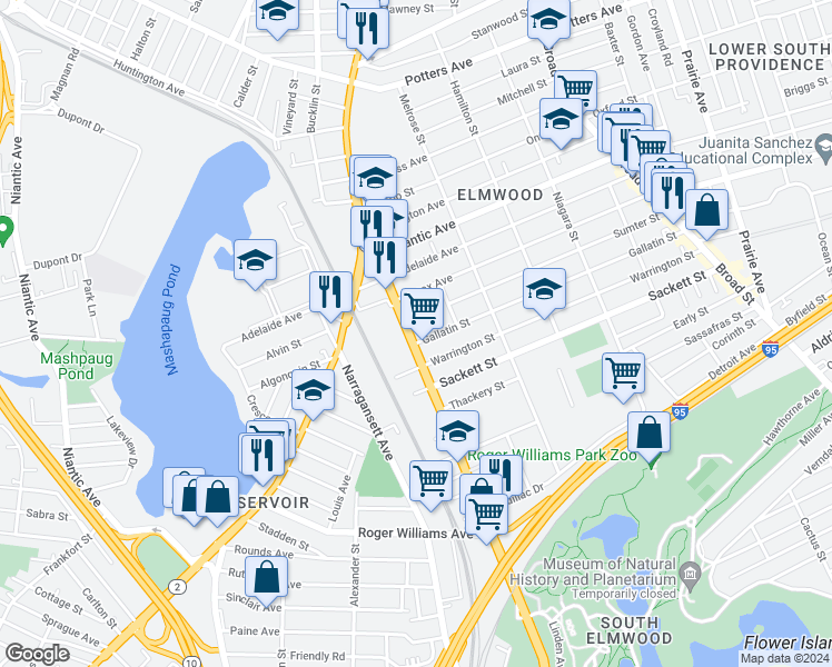 map of restaurants, bars, coffee shops, grocery stores, and more near 650 Elmwood Avenue in Providence