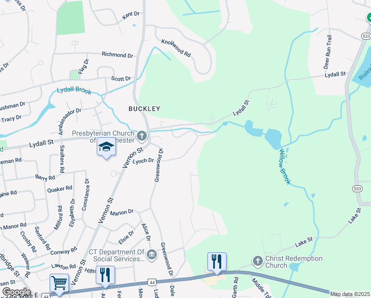 map of restaurants, bars, coffee shops, grocery stores, and more near 125 Cliffside Drive in Manchester