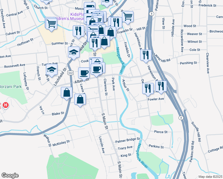 map of restaurants, bars, coffee shops, grocery stores, and more near 59 Clarence Street in Torrington