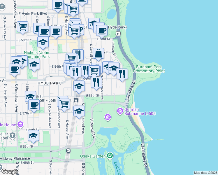 map of restaurants, bars, coffee shops, grocery stores, and more near 5525 South Hyde Park Boulevard in Chicago