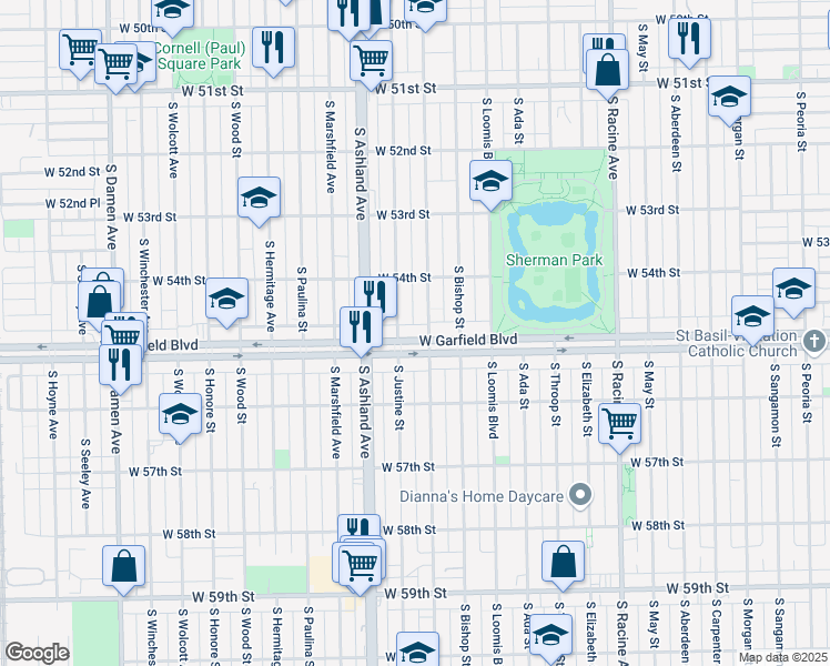 map of restaurants, bars, coffee shops, grocery stores, and more near 5445 South Justine Street in Chicago