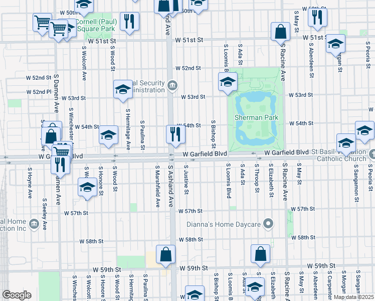 map of restaurants, bars, coffee shops, grocery stores, and more near 5445 South Justine Street in Chicago