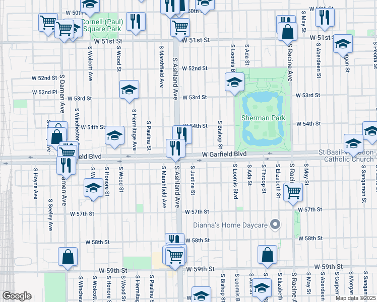 map of restaurants, bars, coffee shops, grocery stores, and more near 5445 South Justine Street in Chicago