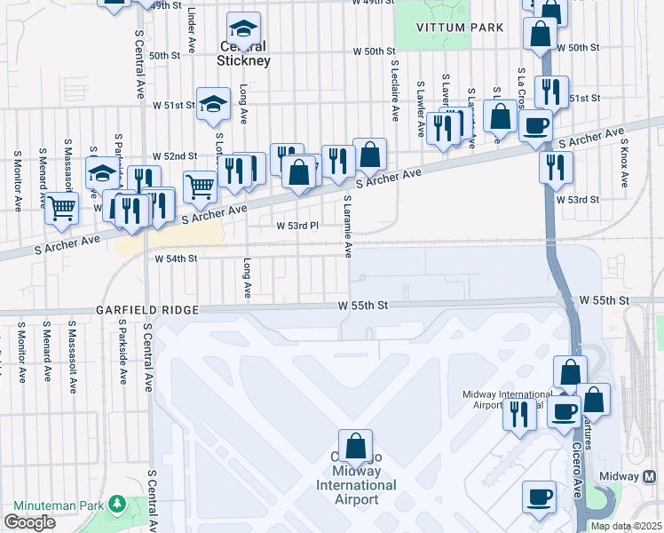 map of restaurants, bars, coffee shops, grocery stores, and more near 5402 South Laramie Avenue in Chicago