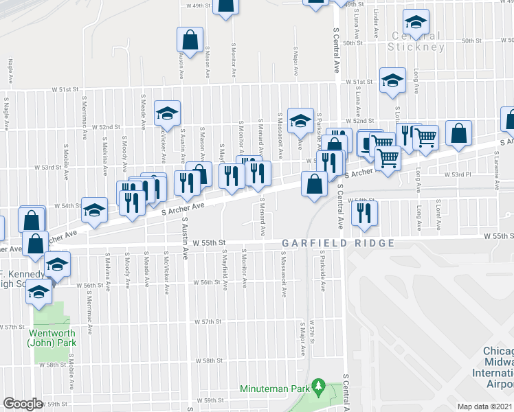 map of restaurants, bars, coffee shops, grocery stores, and more near 6037 South Archer Avenue in Chicago
