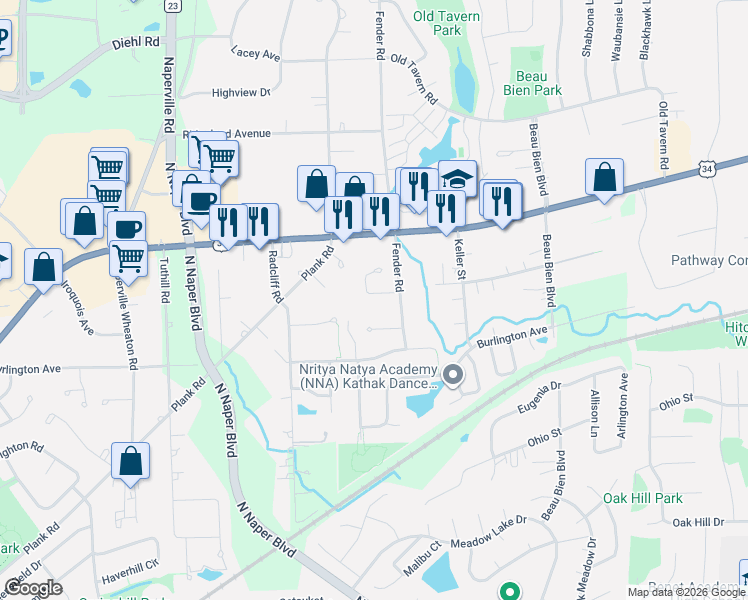 map of restaurants, bars, coffee shops, grocery stores, and more near 3016 Tangley Oaks Trail in Lisle