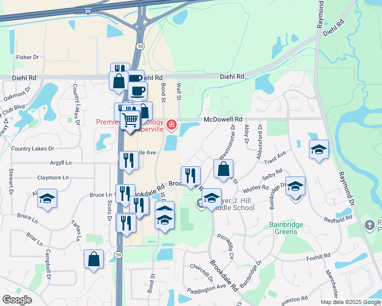 map of restaurants, bars, coffee shops, grocery stores, and more near Spice Run Dr in Naperville