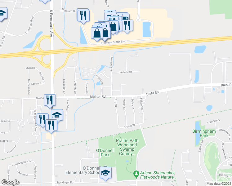 map of restaurants, bars, coffee shops, grocery stores, and more near 1664 Molitor Road in Aurora
