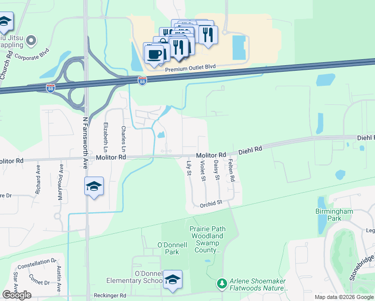 map of restaurants, bars, coffee shops, grocery stores, and more near 1664 Molitor Road in Aurora