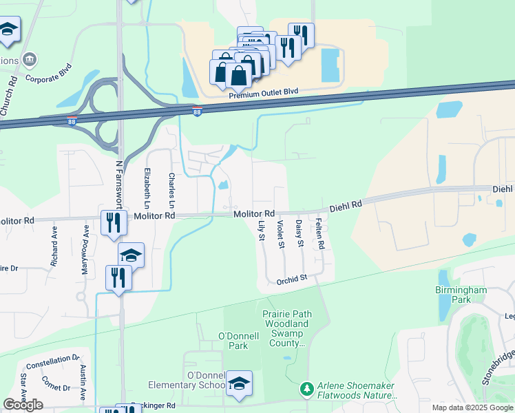 map of restaurants, bars, coffee shops, grocery stores, and more near 1664 Molitor Road in Aurora